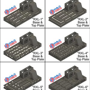 May include: Six dark gray "RXL" base and top plates with varying geometric designs. Each plate features a rectangular base with a raised section and a smaller, box-like structure. The "HALO MACHINE" logo is visible on each plate.