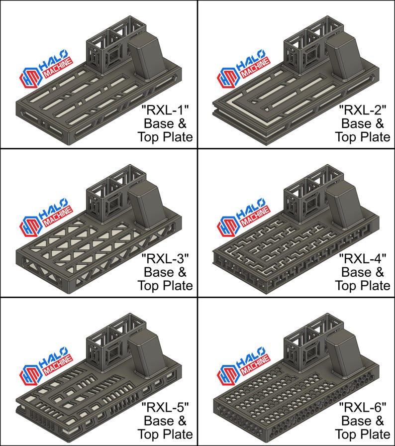 May include: Six dark gray "RXL" base and top plates with varying geometric designs. Each plate features a rectangular base with a raised section and a smaller, box-like structure. The "HALO MACHINE" logo is visible on each plate.