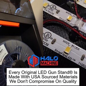 May include: Image features a 3D printer filament spool, orange plastic component, and LED light strips. The LED strips are labeled "StripFlexLED" and "Made in USA". Text reads "Every Original LED Gun Stand&reg; Is Made With USA Sourced Materials We Don't Compromise On Quality."