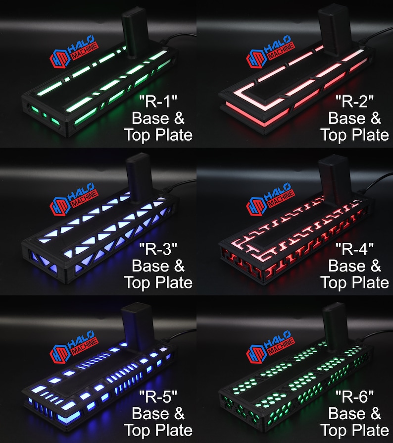 May include: A collection of six black base and top plates with integrated LED lighting. Each plate, labeled "R-1" through "R-6", features a unique LED pattern in colors like green, red, and blue. The "HALO MACHINE" logo is visible.