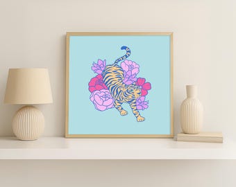 Stampa artistica di tigre floreale - Illustrazione colorata della giungla