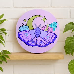 Purple Moth & Moon Original Acrylic Painting with Embroidery – Round Canvas – Mystical Celestial Wall Art Nature Decor