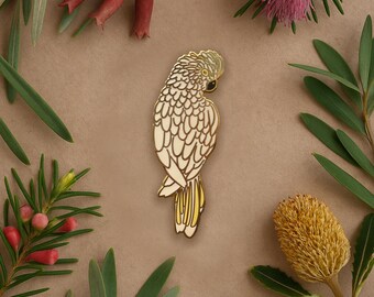 Spilla smaltata con cacatua bianco – Distintivo da bavero con uccello australiano – Spilla con pappagallo dal ciuffo color zolfo in oro
