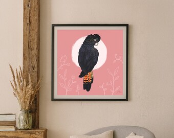 Stampa artistica di cacatua nero – Illustrazione della fauna selvatica australiana, uccello nativo
