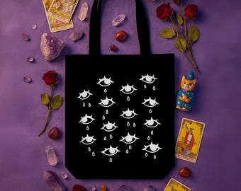 Borsa tote con motivo a occhio – Shopper in cotone serigrafato – Borsa tote nera fatta a mano per gli amanti dell'arte
