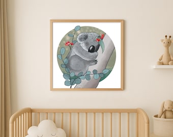 Stampa artistica da parete Koala – Decorazione per cameretta australiana (32 x 32 cm)