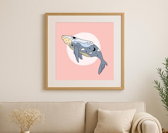 Stampa artistica di balena celeste – Illustrazione di oceano e cielo notturno – Giclée Wall Art