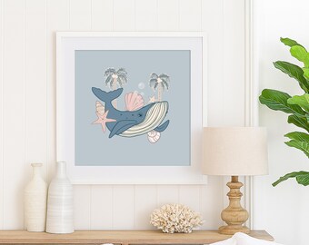 Stampa Giclée Blue Whale – Arte per bambini in stile costiero, 32 x 32 cm