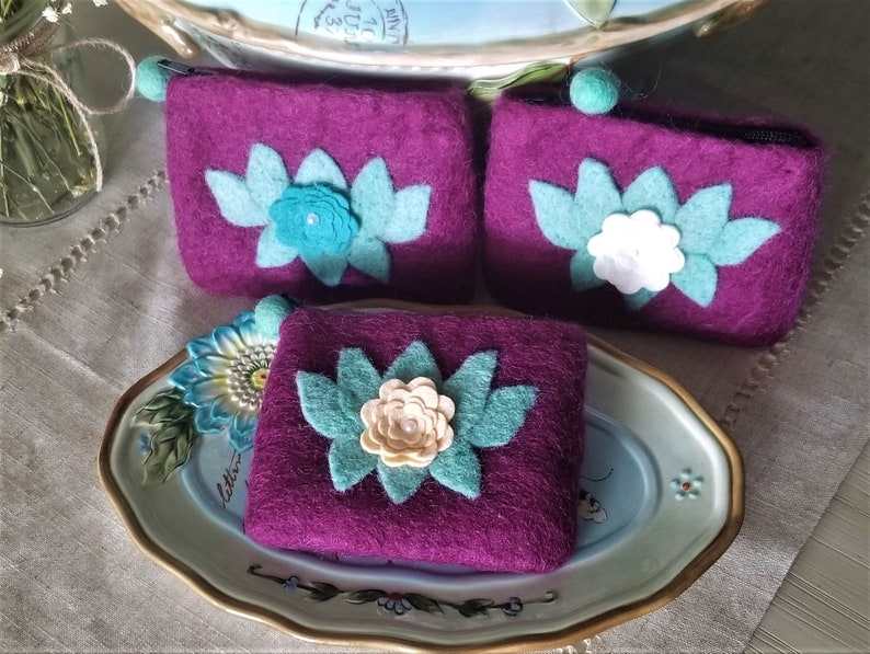 Boiled Wool Floral Clutch Purse Felted Wool Purple