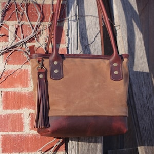 Leather wax canvas bag/tote/purse. Dark rich full grain leather/warm brown waxed canvas. USA