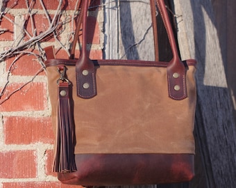 Leather wax canvas bag/tote/purse. Dark rich full grain leather/warm brown waxed canvas. USA