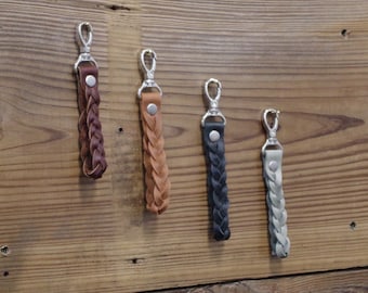 Mystery braid leather keychain/key fob with silver hook.  Bag leather charm. Made in the USA.