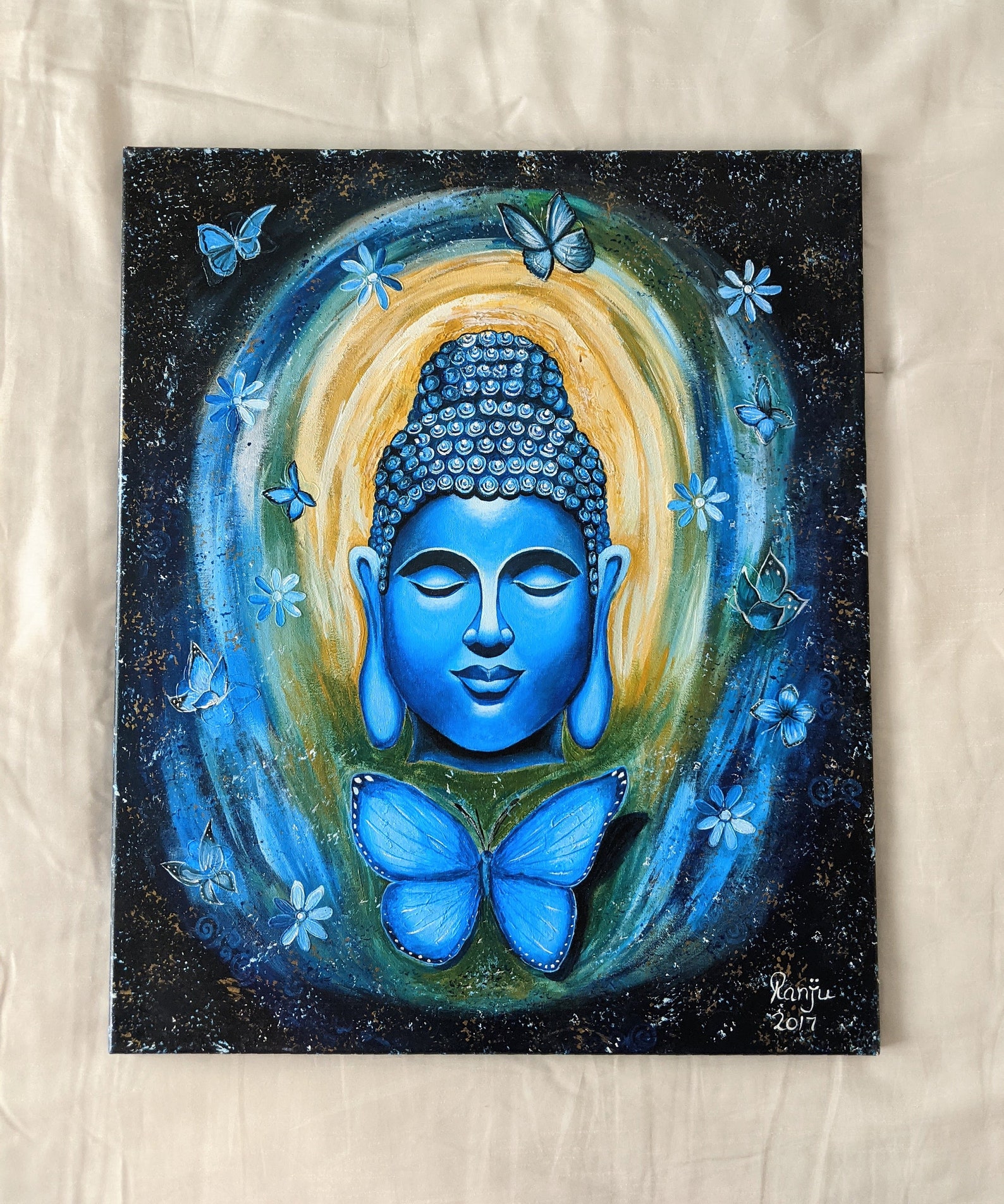 Buddha Painting Blue Buddha Acrylic Painting. Buddha Butterfly Painting