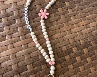 Personalized Name Lanyard, Retro Teacher Lanyard, Teacher Lanyard, Wood Bead Lanyard, Flower Bead Lanyard, Boho Teacher, Badge Holder