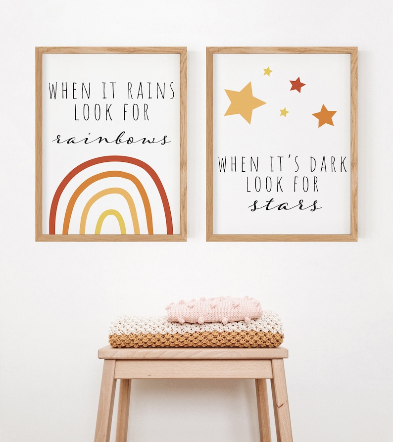 When It Rains Look For Rainbows When It's Dark Look For Stars, Nursery Wall Art, Nursery Decor, Nursery Printable, Digital Download image 1