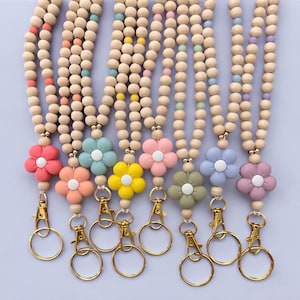 Teacher Lanyard, Colorful Teacher Lanyard, Teacher Name Lanyard, Personalized Wood Bead Lanyard, Personalized Bead Lanyard, Floral Lanyard