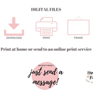 Puede incluir: Iconos de descarga de archivos digitales para una impresi&oacute;n de arte imprimible. Los iconos muestran una flecha de descarga, una impresora y un marco. El texto "ARCHIVOS DIGITALES" est&aacute; en la parte superior de la imagen. El texto "Imprime en casa o env&iacute;a a un servicio de impresi&oacute;n en l&iacute;nea" est&aacute; debajo de los iconos. El texto "&iquest;PREGUNTAS? &iexcl;Solo env&iacute;a un mensaje!" est&aacute; en un c&iacute;rculo rosa en la parte inferior izquierda de la imagen. El texto "Henry Rose" est&aacute; en un coraz&oacute;n rosa con hojas verdes en la parte inferior derecha de la imagen.