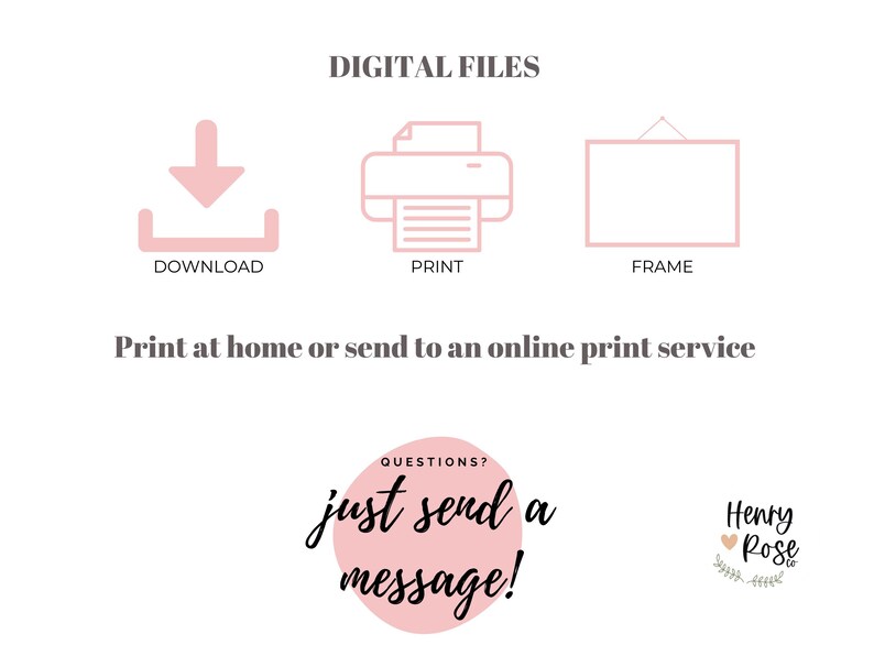 Puede incluir: Iconos de descarga de archivos digitales para una impresi&oacute;n de arte imprimible. Los iconos muestran una flecha de descarga, una impresora y un marco. El texto "ARCHIVOS DIGITALES" est&aacute; en la parte superior de la imagen. El texto "Imprime en casa o env&iacute;a a un servicio de impresi&oacute;n en l&iacute;nea" est&aacute; debajo de los iconos. El texto "&iquest;PREGUNTAS? &iexcl;Solo env&iacute;a un mensaje!" est&aacute; en un c&iacute;rculo rosa en la parte inferior izquierda de la imagen. El texto "Henry Rose" est&aacute; en un coraz&oacute;n rosa con hojas verdes en la parte inferior derecha de la imagen.