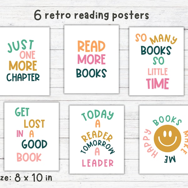 Retro Reading Posters, Reading Corner Posters, Reading Center, School Library Decor, Reading Corner Decor, Classroom Reading Prints