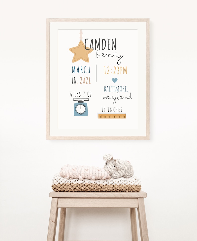 Baby Birth Stats Print, Nursery Wall Art Personalized, Birth ...