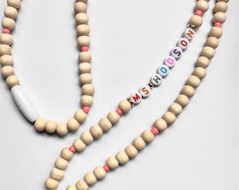 Teacher Lanyard, Colorful Teacher Lanyard, Teacher Name Lanyard, Personalized Wood Bead Lanyard, Personalized Bead Lanyard, Boho Teacher