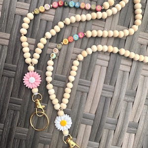 Teacher Lanyard, Teacher Appreciation Gift, Teacher Name Lanyard, Personalized Wood Bead Lanyard, Personalized Bead Lanyard, Floral Lanyard