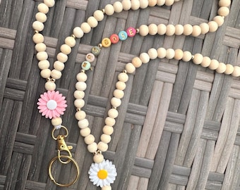 Teacher Lanyard, Teacher Appreciation Gift, Teacher Name Lanyard, Personalized Wood Bead Lanyard, Personalized Bead Lanyard, Floral Lanyard