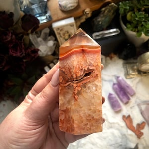 Carnelian Agate Druzy Tower, Carnelian Crystal Tower, Carnelian Agate, Druzy Crystal Tower, Banded Carnelian Tower, Carnelian Crystal