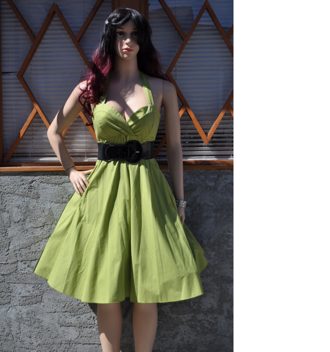 1950s Vintage V Neck High Waist Short Sleeve Pin Up Swing Robe Retro Casual Dress