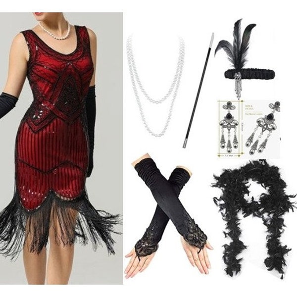 Women's Vintage 1920's Sequin Beaded Tassels Hem Flapper Dress with Accessories