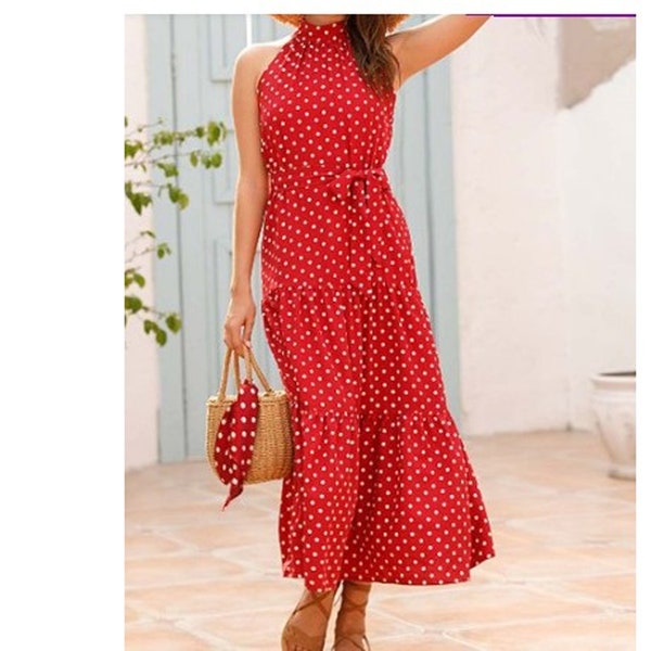 Women's Casual Halter Neck Sleeveless Polka Dots Long Maxi Dress Loose Ruffle