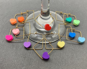 Raw Brass Wine Charms with Colorful Hearts | Drink Markers, Set of 6-12