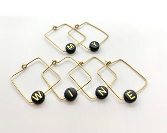 Alphabet Wine Glass Tags | Black Letter on Brass, Drink Markers (Set of 6-26)
