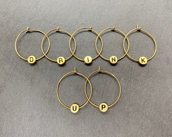 Alphabet Wine Charms | Black Letter on Brass Drink Markers