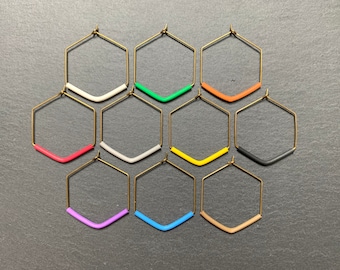 Raw Brass Wine Glass Tags | Hexagon Colorful Identifiers, Set of 10