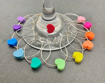 Heart Wine Glass Charms | Silver Drink Markers, Set of 6