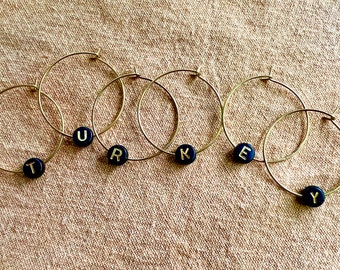 Alphabet Wine Glass Charms | Gold Letter on Brass Ring, Drink Markers