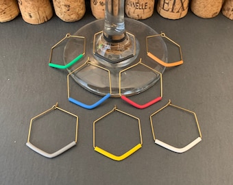 Hexagon Raw Brass Wine Charms | Colorful Wine Identifiers, Set of 8