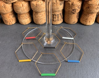 Hexagon Wine Charms | Raw Brass Wine Glass Tags, Set of 6