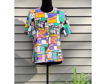 Medium Shiny 80s Shirt 80s Color Block Blouse 80s Bat Wing Sleeves Vintage Color Block Top 90s Satin Blouse