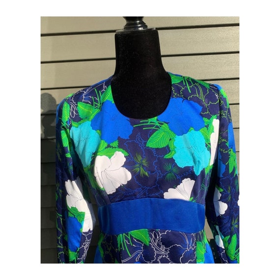 Blue 1970s Floral Flower Power Dress - image 2