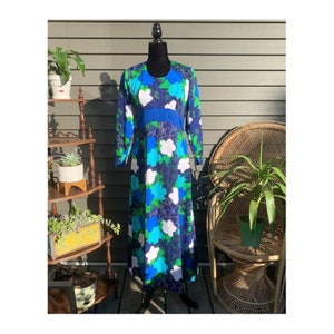 Blue 1970s Floral Flower Power Dress