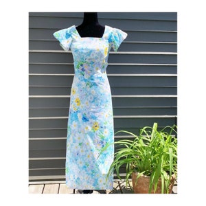 70s Blue and Floral Handmade Vintage Dress