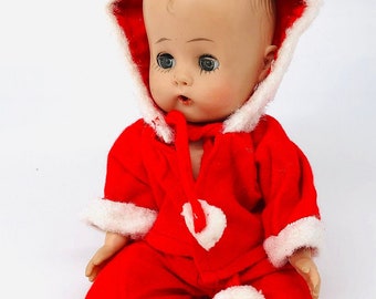 Homemade Santa Outfit for 8 inch child doll up to 4 inch waist, red hooded jacket and pants with feet