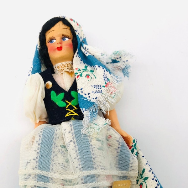 Vintage Lela Creazioni Original doll, Capri Italian souvenir Doll, Vintage folk doll, Italy, 1960s, Capri #54 tag on skirt, 7 1/2 inches,