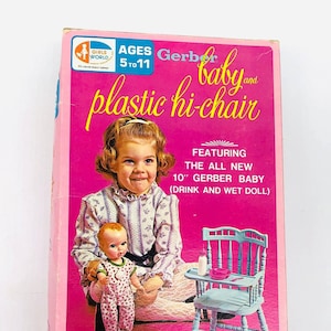Vintage Girls World 1972 Gerber baby doll plus high chair, NIB 10&quot; Gerber doll original outfit, #8202 Gerber baby NIB