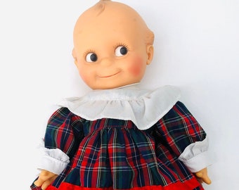 Vintage Kewpie by Cameo, 1960's Girl Doll, Vinyl and Wood Construction, 13" Vintage Cameo Kewpie, Vintage Doll with Plaid Dress