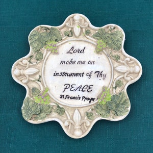 Vintage Ceramic St Francis Prayer Wall Hanging, handmade, 1950’s