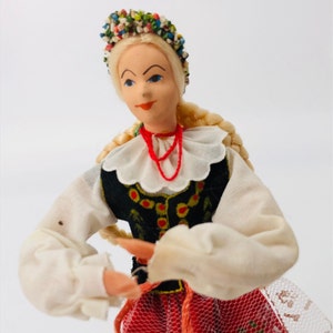 Vintage Polish Spoldzielnia Pracy R. L. iA Cepelia Folk Doll Krakow 7 1/2 inches with wooden stand