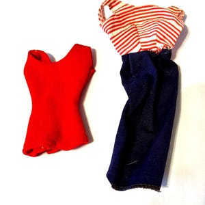 Vintage 1960s Barbie outfits, Vintage Barbie swimsuit, Vintage Barbie #918 sheath dress, Helena #0850 Barbie swimsuit, sold individually.